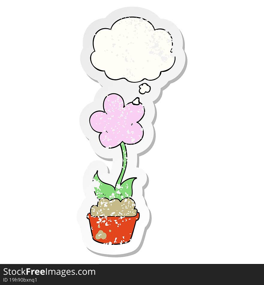 cute cartoon flower with thought bubble as a distressed worn sticker