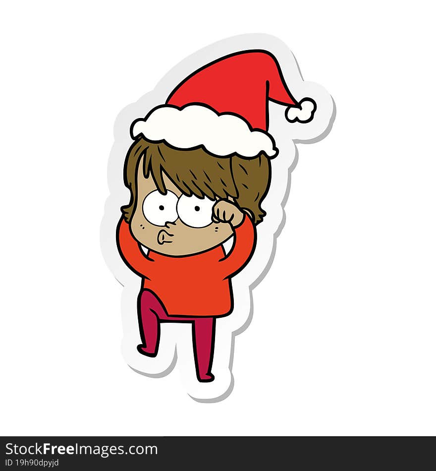 hand drawn sticker cartoon of a woman wearing santa hat