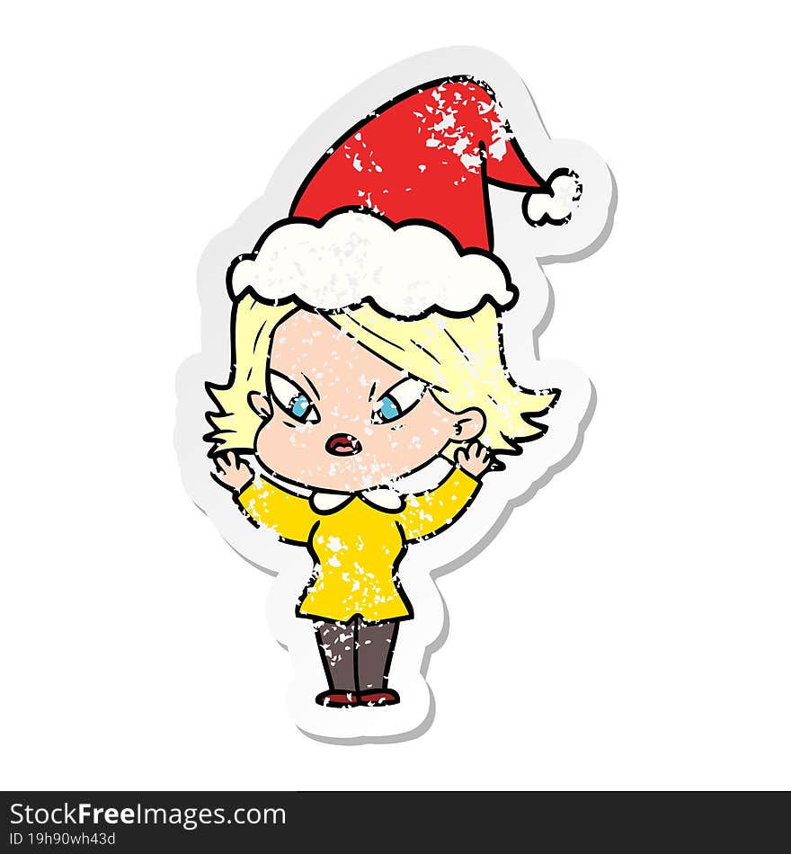 hand drawn distressed sticker cartoon of a stressed woman wearing santa hat