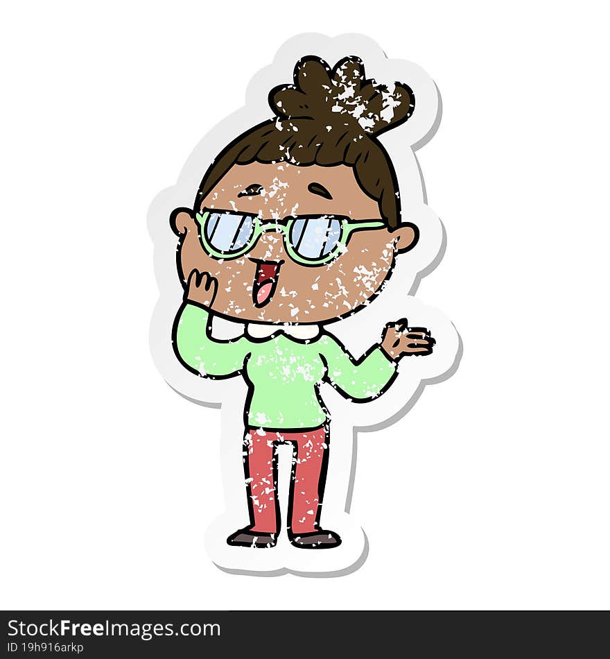 distressed sticker of a cartoon happy woman wearing spectacles