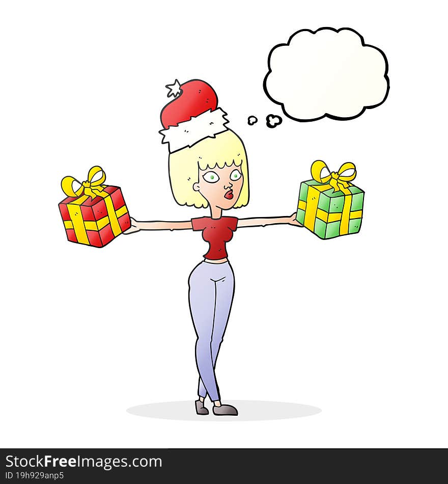 thought bubble cartoon woman with xmas presents