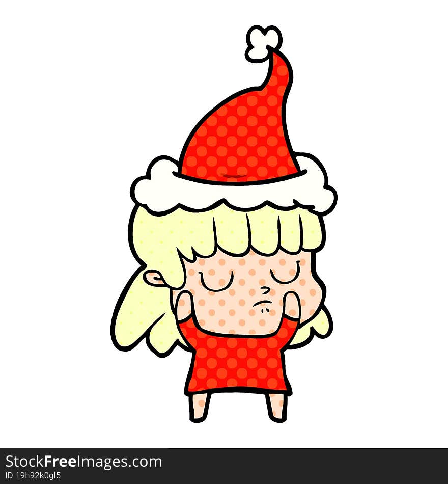 comic book style illustration of a indifferent woman wearing santa hat