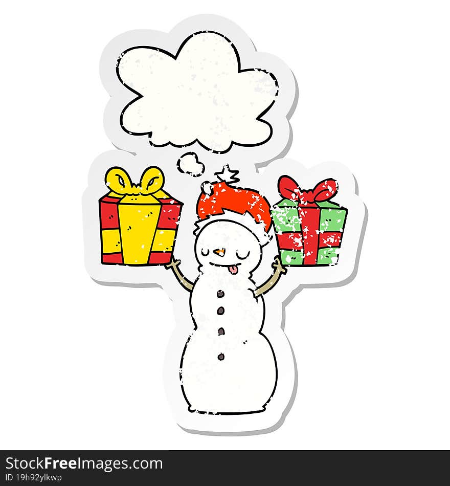 cartoon snowman with present with thought bubble as a distressed worn sticker