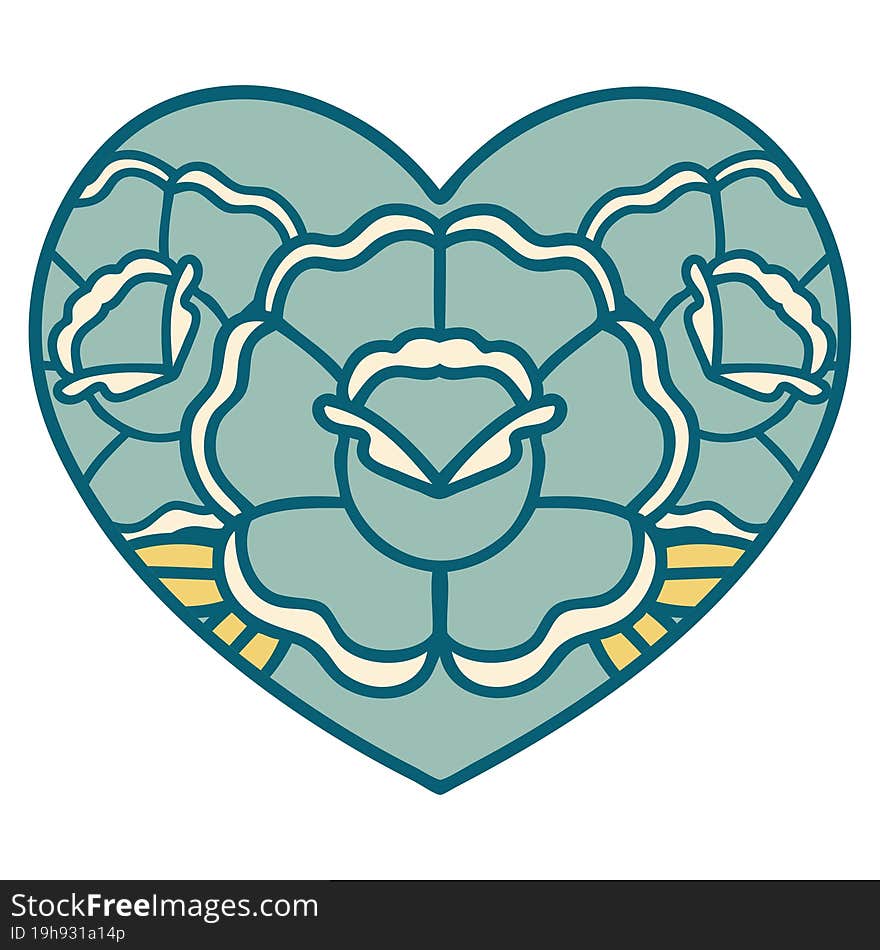 iconic tattoo style image of a heart and flowers. iconic tattoo style image of a heart and flowers