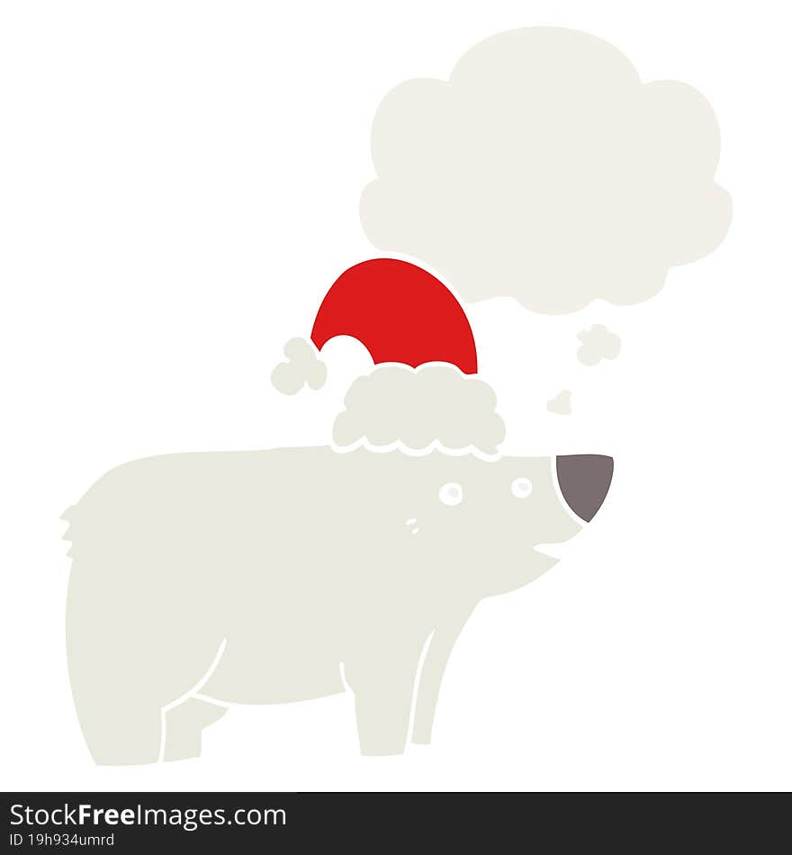 cartoon bear wearing christmas hat and thought bubble in retro style