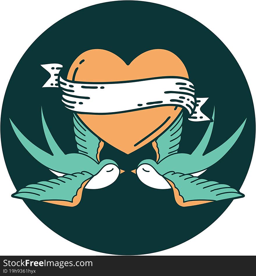 tattoo style icon of a swallows and a heart with banner