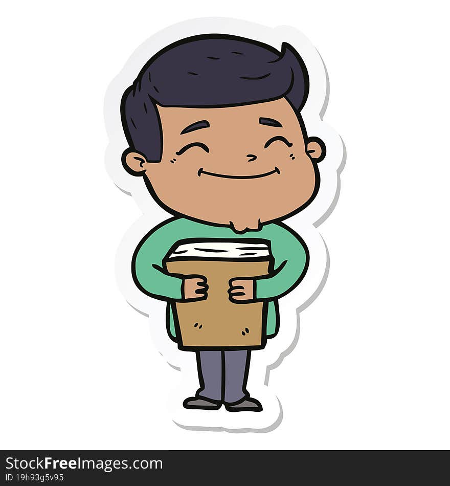 Sticker Of A Happy Cartoon Man Holding Book