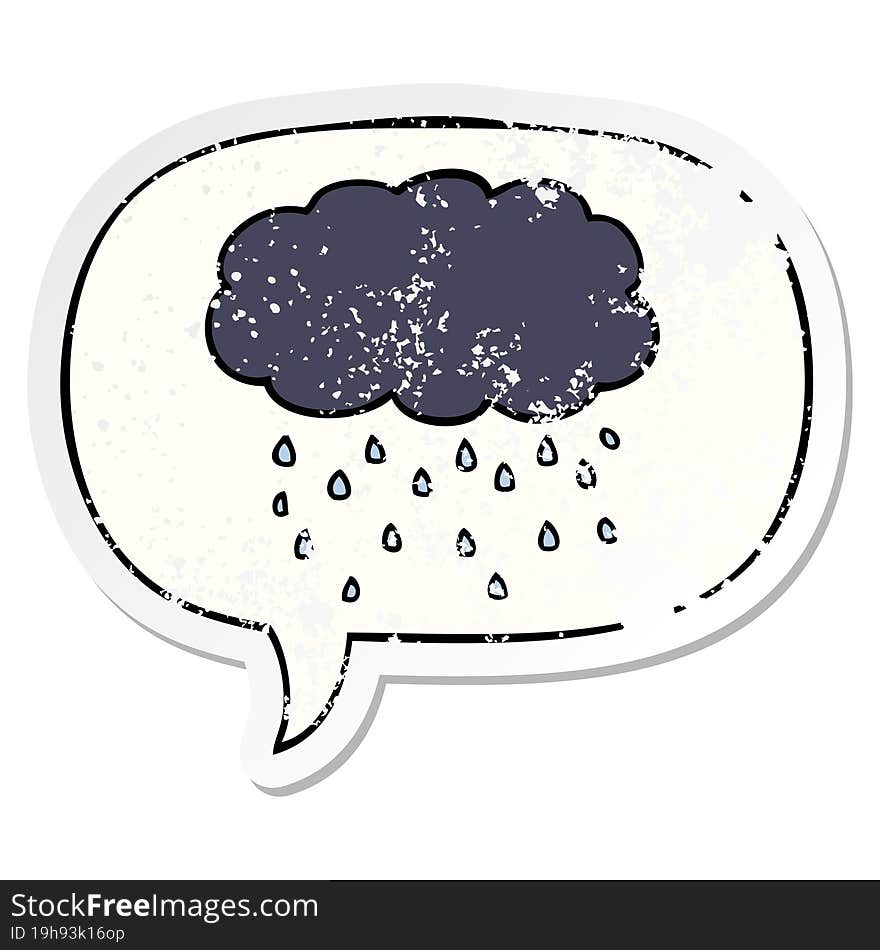 cartoon cloud raining and speech bubble distressed sticker