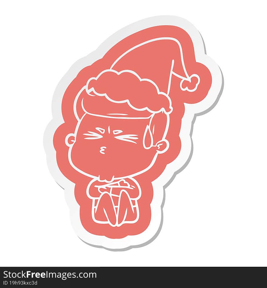 quirky cartoon  sticker of a man sweating wearing santa hat