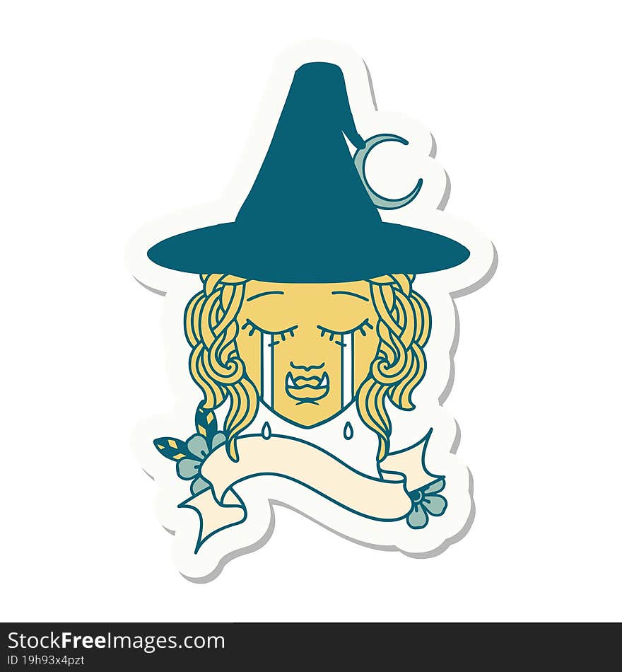 sticker of a crying half orc witch character face. sticker of a crying half orc witch character face