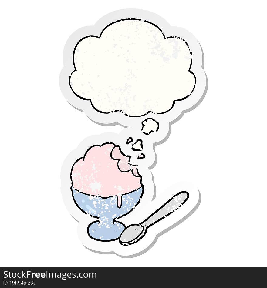 Cartoon Ice Cream Dessert And Thought Bubble As A Distressed Worn Sticker