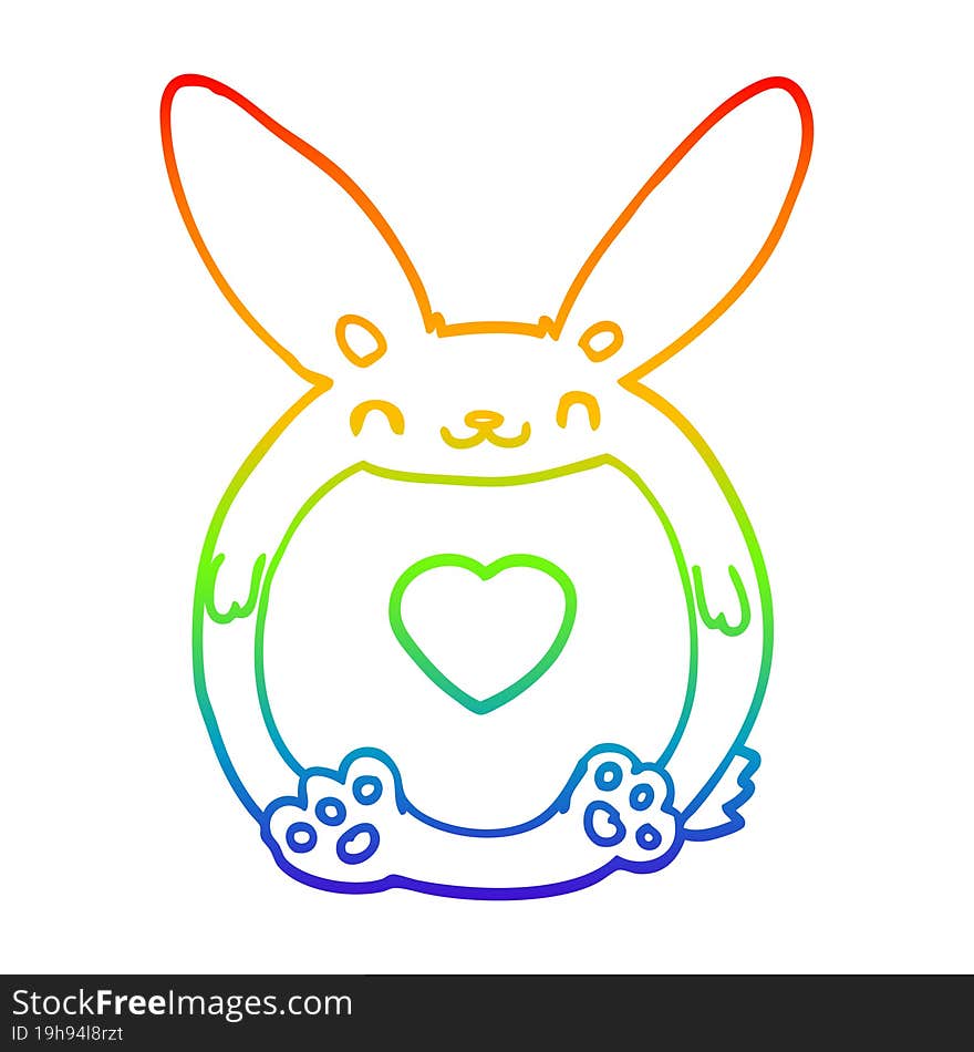 rainbow gradient line drawing of a cartoon rabbit with love heart