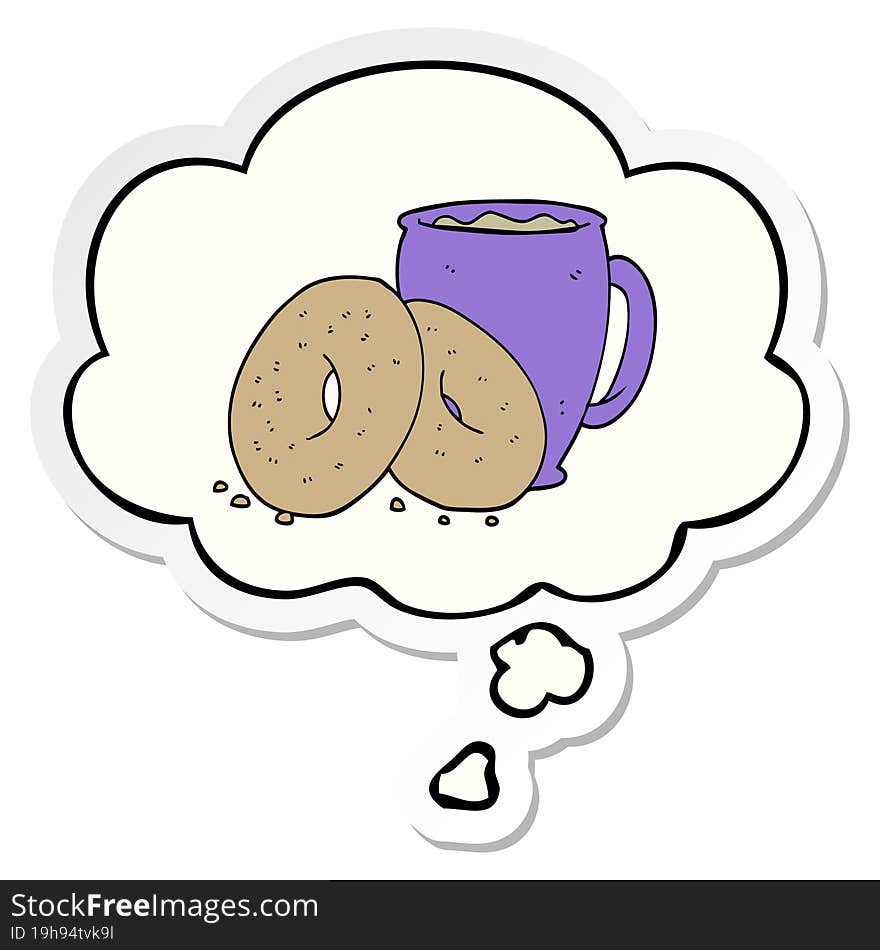 cartoon coffee and donuts with thought bubble as a printed sticker