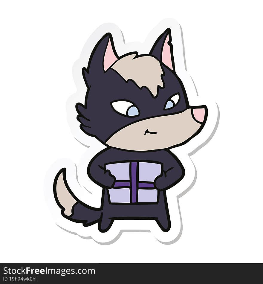 sticker of a friendly cartoon wolf with gift