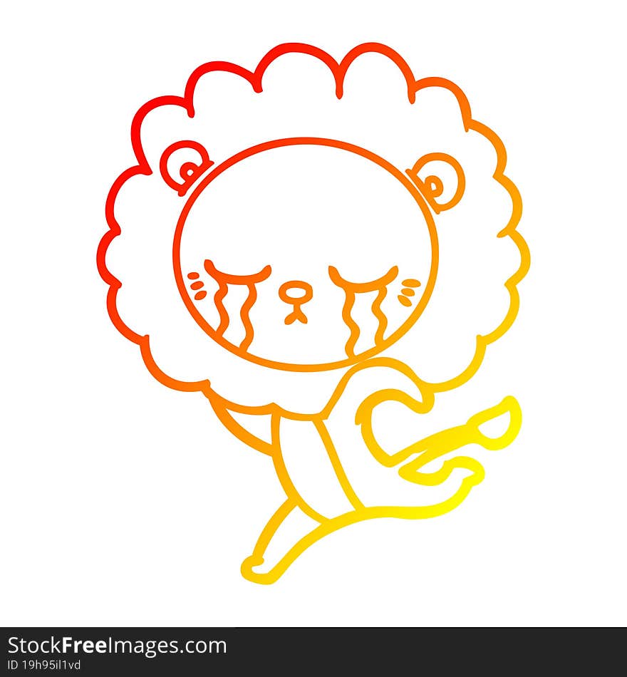 warm gradient line drawing of a crying cartoon lion