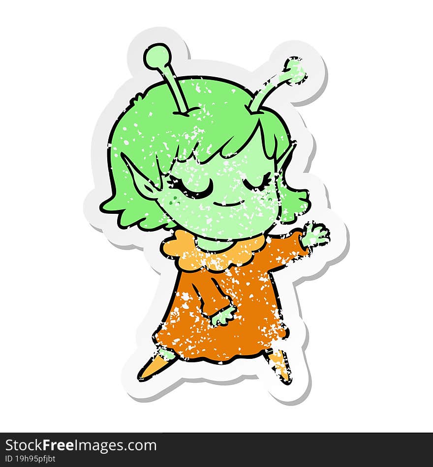 distressed sticker of a smiling alien girl cartoon