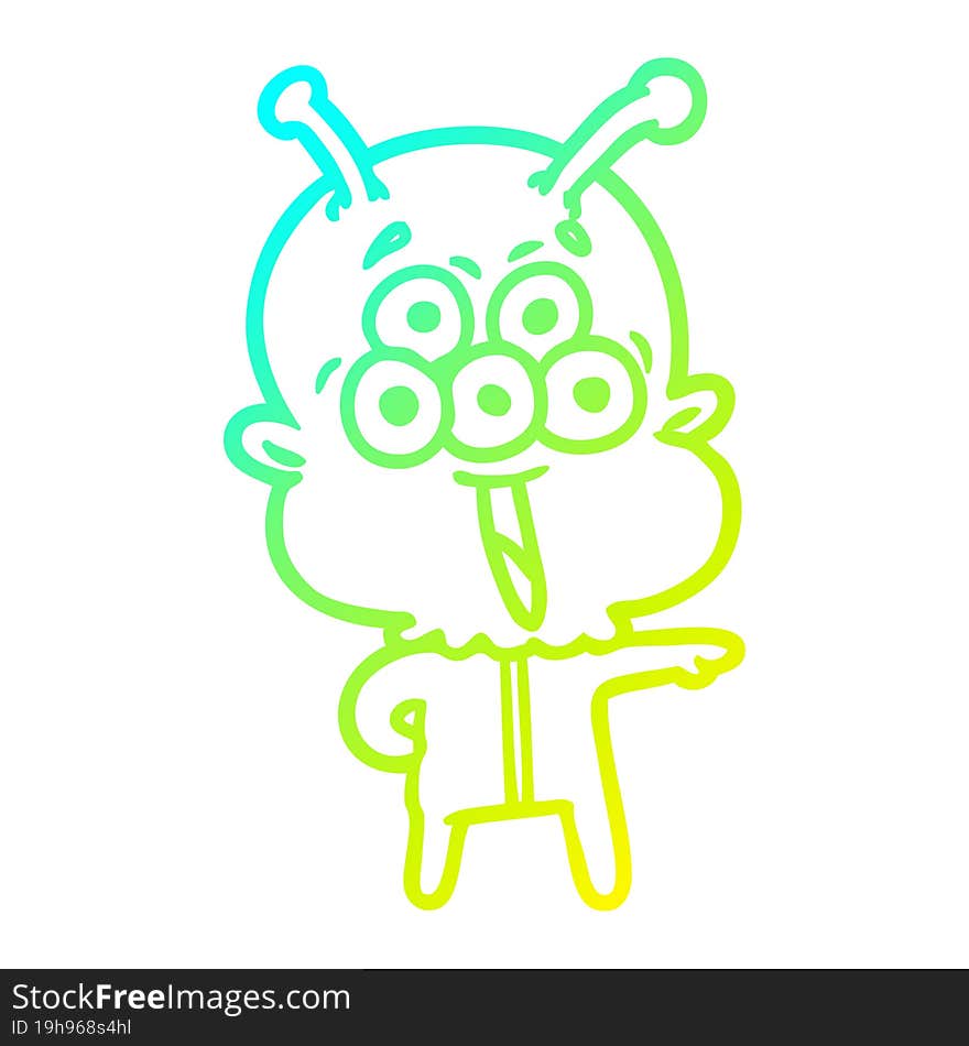 cold gradient line drawing of a happy cartoon alien