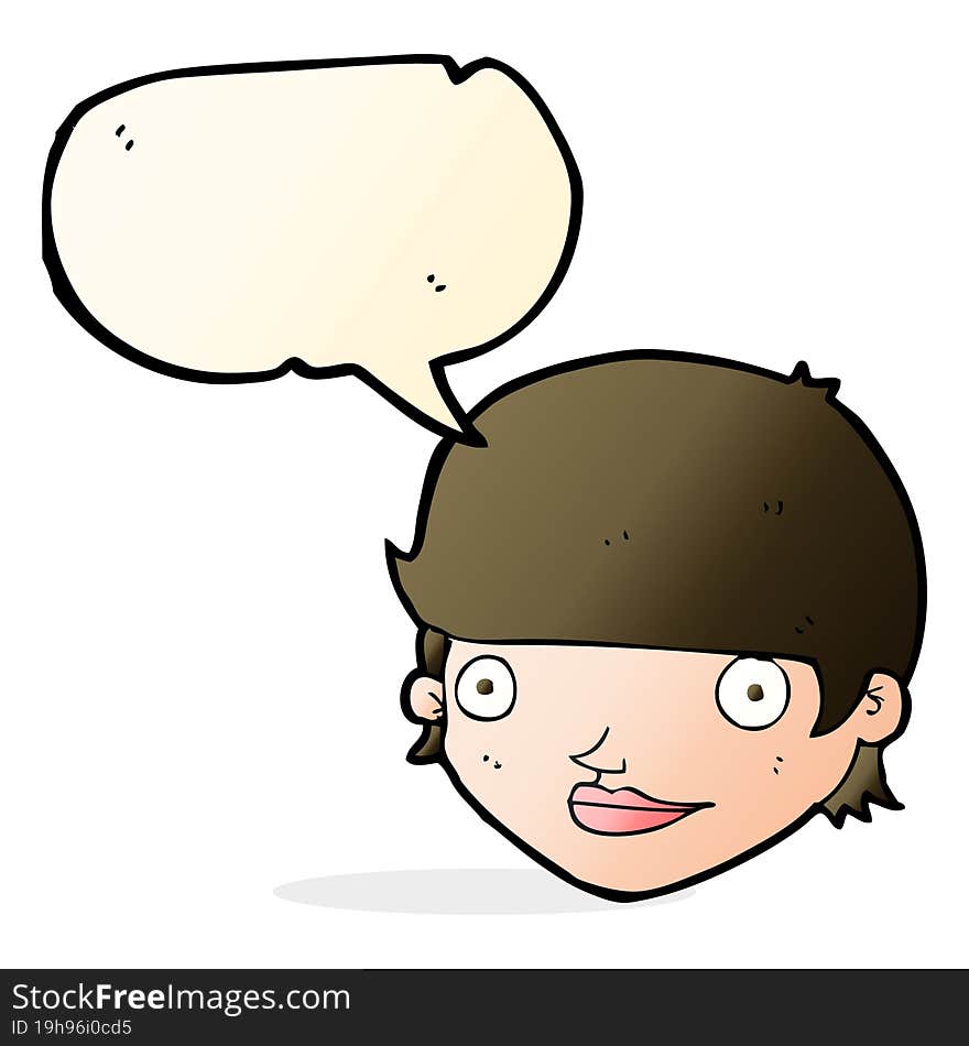 cartoon happy female face with speech bubble