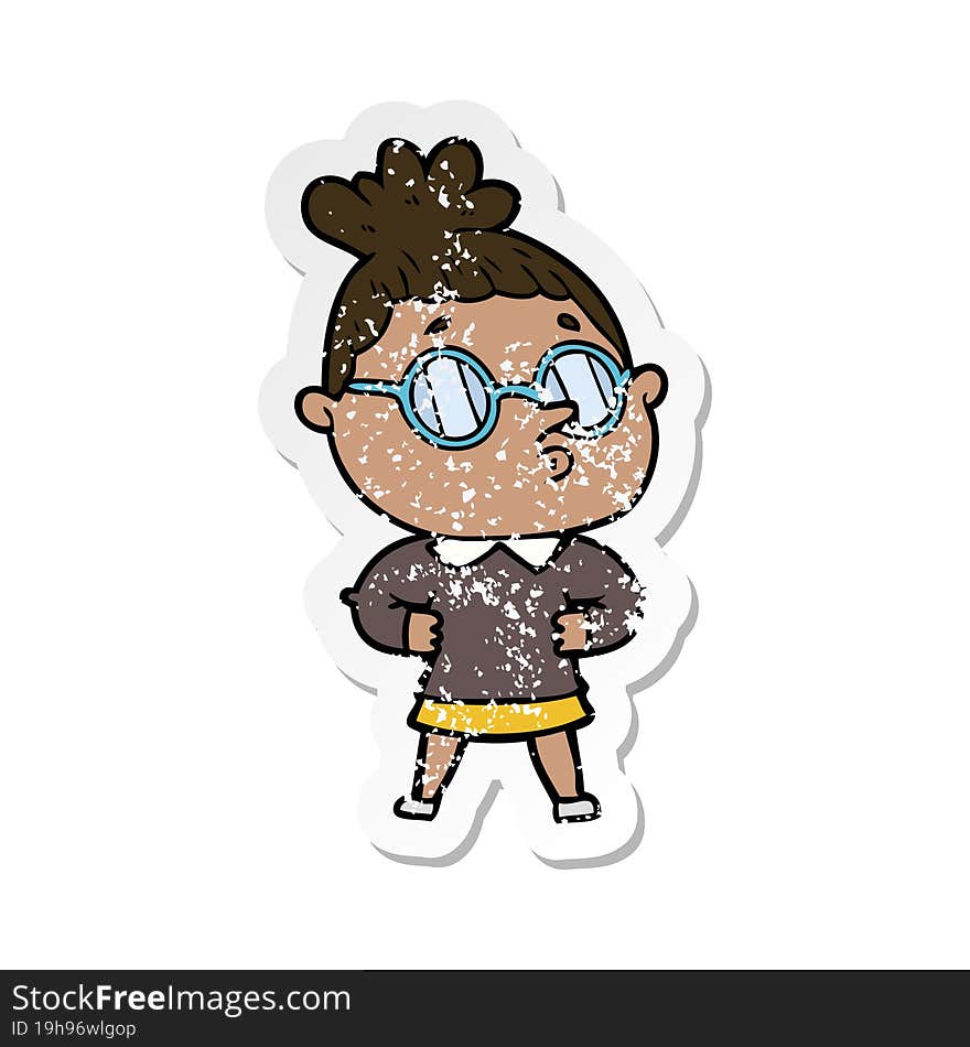 distressed sticker of a cartoon woman wearing glasses