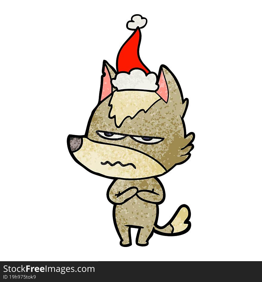 textured cartoon of a annoyed wolf wearing santa hat