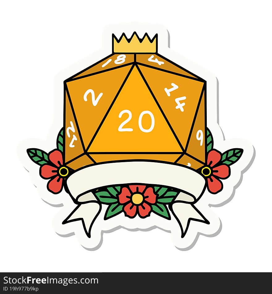 sticker of a natural 20 critical hit D20 dice roll. sticker of a natural 20 critical hit D20 dice roll