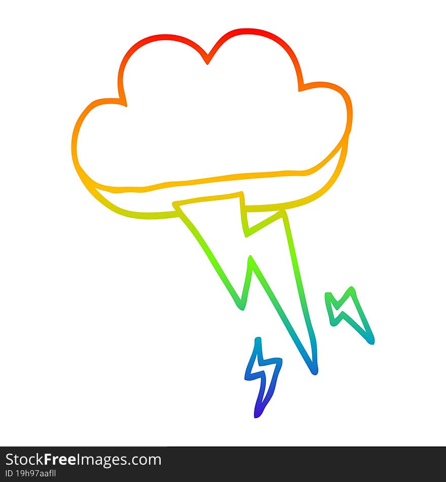 rainbow gradient line drawing of a cartoon thundercloud and lightning