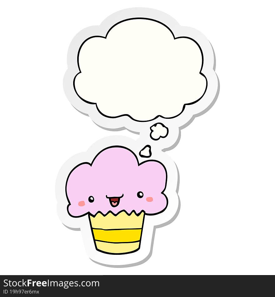 cartoon cupcake with face and thought bubble as a printed sticker