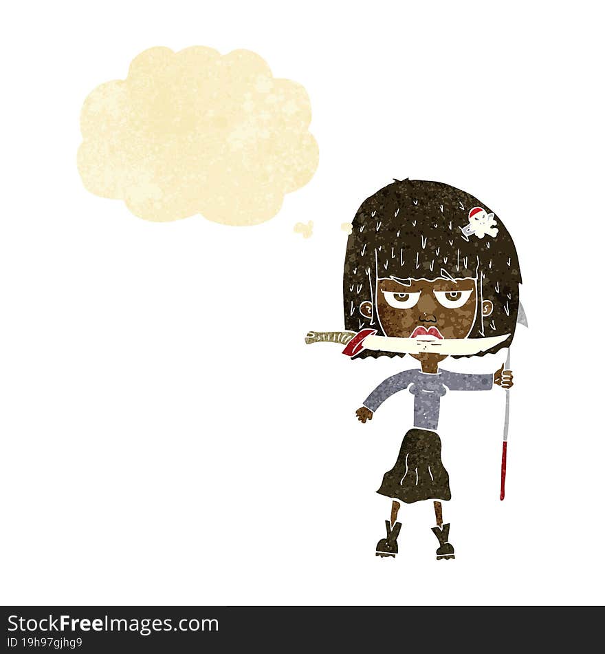 Cartoon Woman With Knife And Harpoon With Thought Bubble