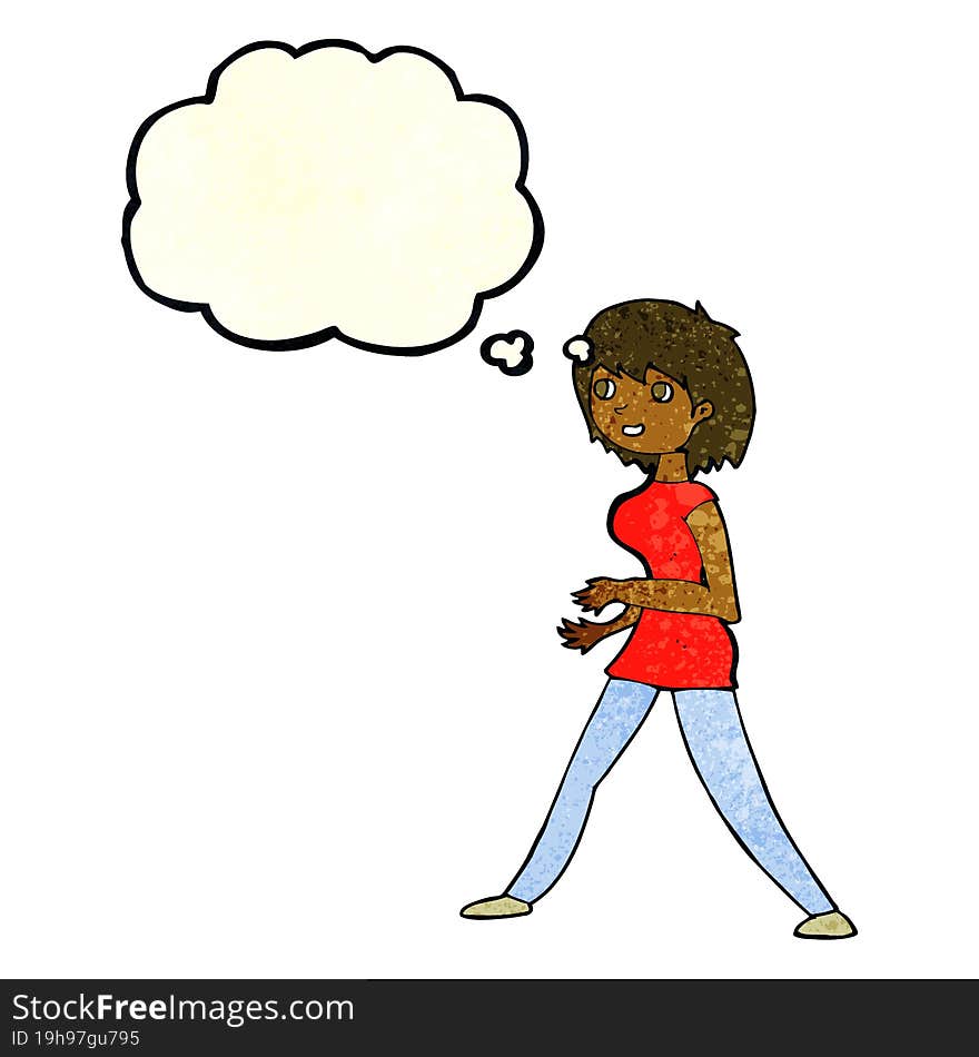 cartoon woman walking with thought bubble