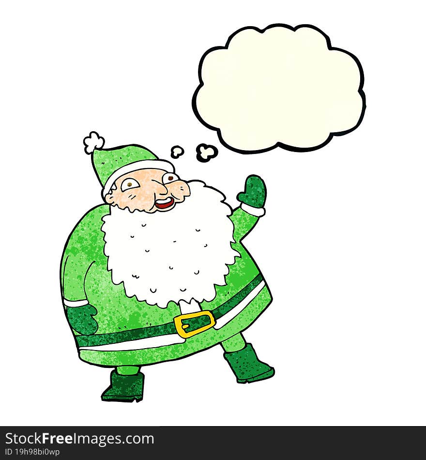 funny waving santa claus cartoon with thought bubble