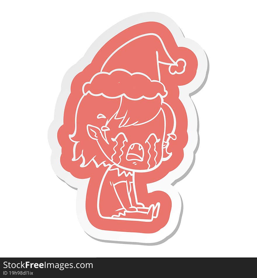 cartoon  sticker of a crying vampire girl wearing santa hat