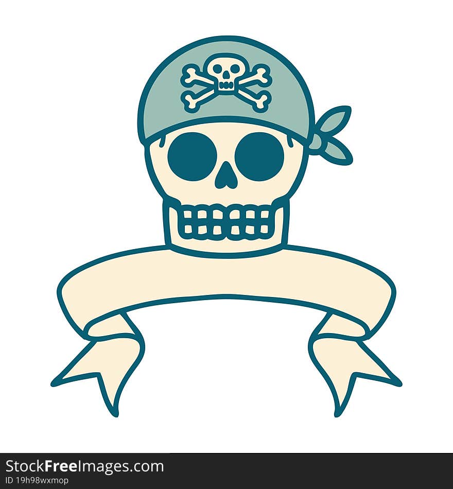 traditional tattoo with banner of a pirate skull