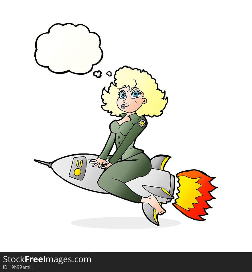 cartoon army pin up girl riding missile] with thought bubble