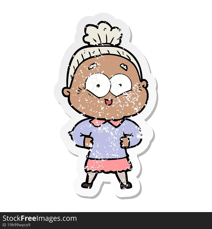 distressed sticker of a cartoon happy old woman