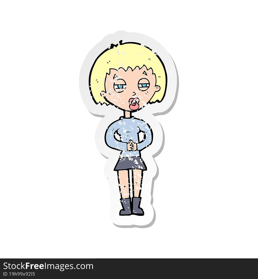 retro distressed sticker of a cartoon suspicious girl