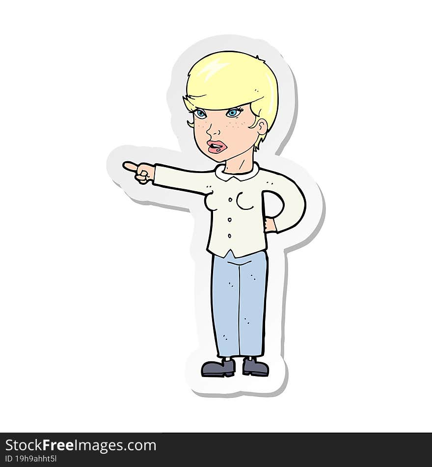 sticker of a cartoon woman pointing finger of blame