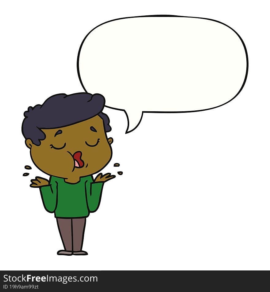 cartoon man talking and shrugging shoulders with speech bubble