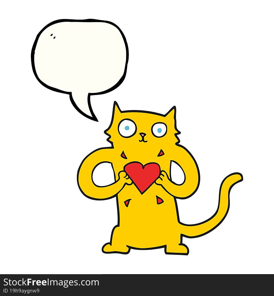 freehand drawn speech bubble cartoon cat with love heart