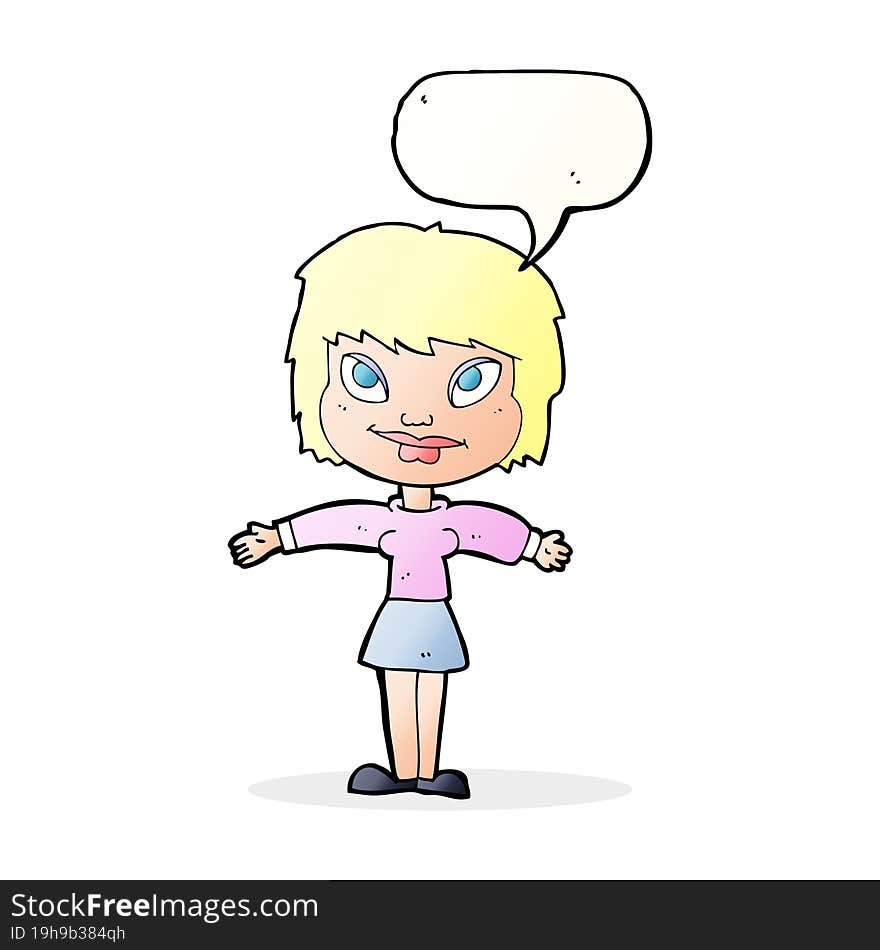 cartoon woman with open amrs with speech bubble