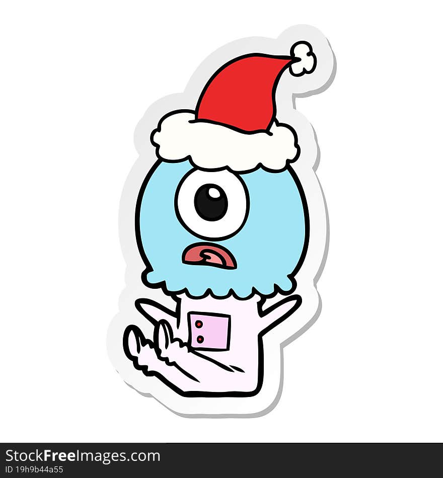 sticker cartoon of a cyclops alien spaceman wearing santa hat