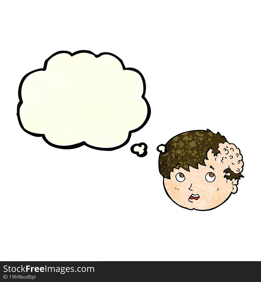 cartoon boy with ugly growth on head with thought bubble