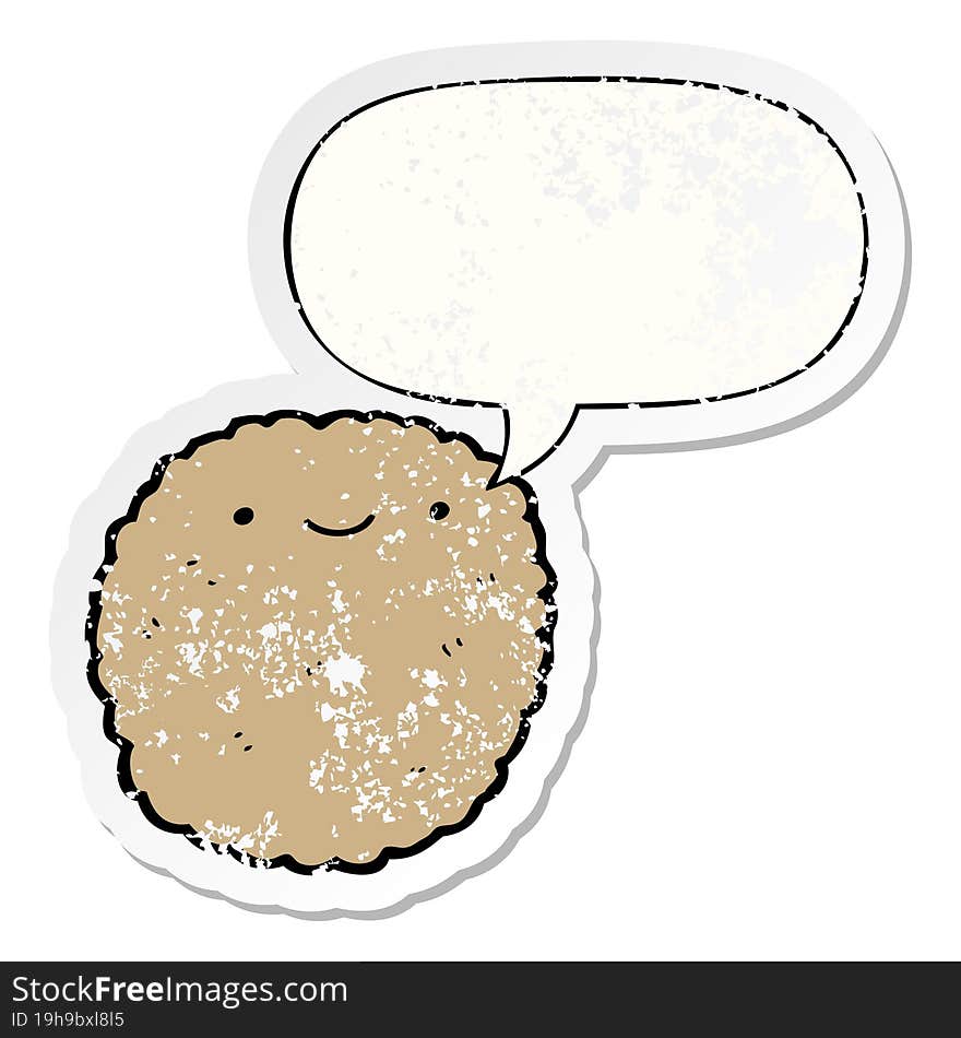 cartoon biscuit with speech bubble distressed distressed old sticker. cartoon biscuit with speech bubble distressed distressed old sticker