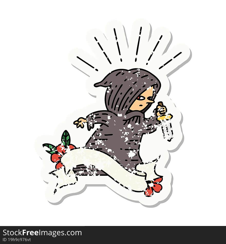 Grunge Sticker Of Tattoo Style Assassin With Knife