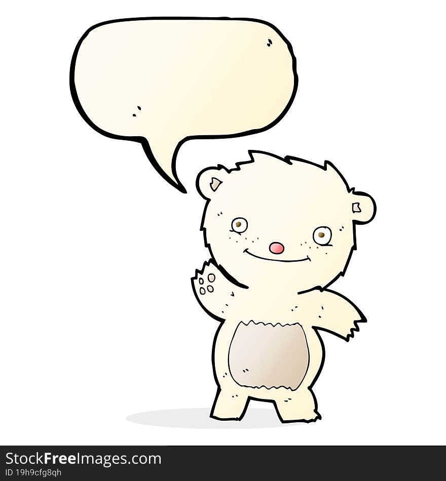 cartoon waving polar bear cub with speech bubble