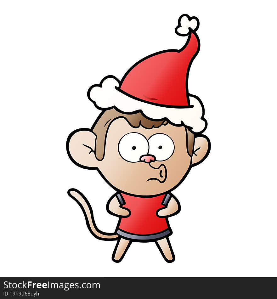 hand drawn gradient cartoon of a surprised monkey wearing santa hat