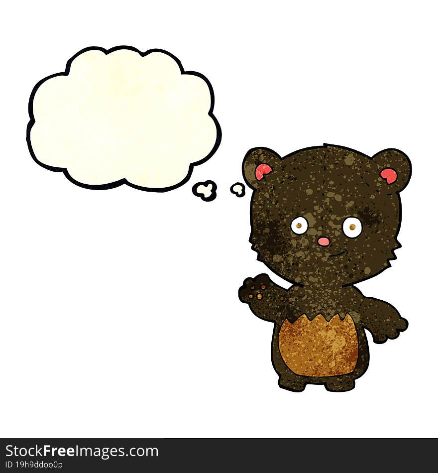 cartoon little black bear waving with thought bubble