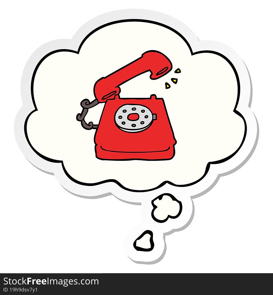 cartoon old telephone and thought bubble as a printed sticker