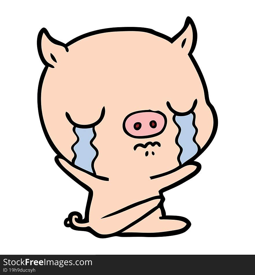 cartoon sitting pig crying. cartoon sitting pig crying