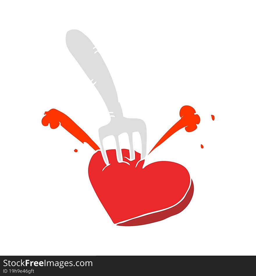 flat color illustration of heart stabbed by fork. flat color illustration of heart stabbed by fork