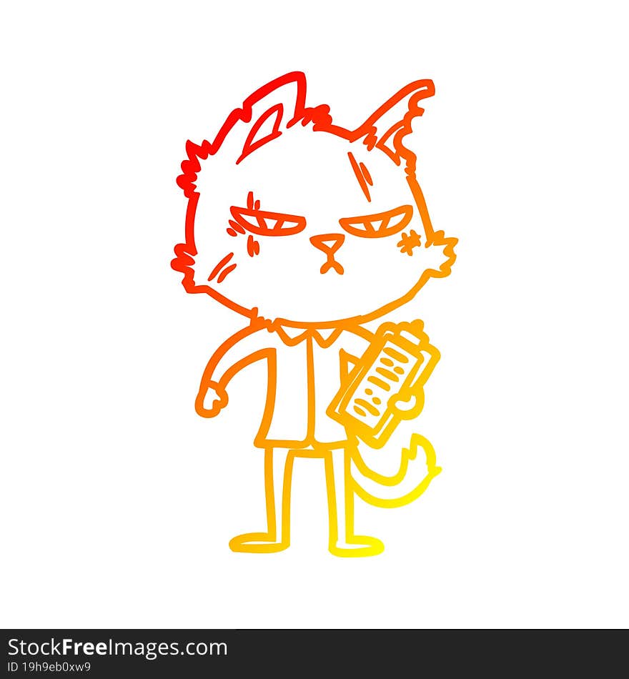 warm gradient line drawing tough cartoon cat with clipboard